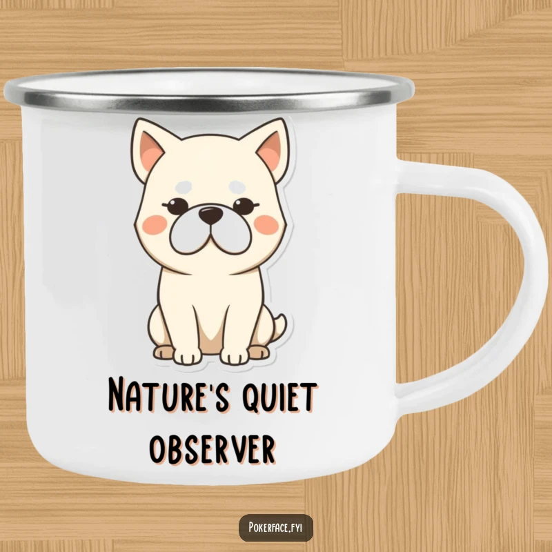 Funny dog camping mug featuring a stoic dog character with a blank, unmoving expression, perfect for outdoor humor.