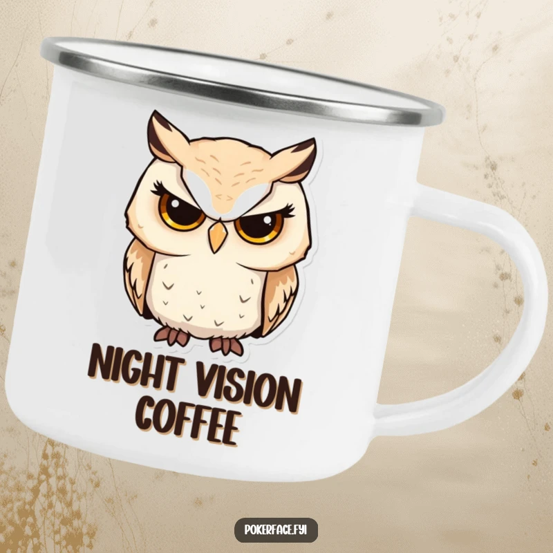 Funny owl camping mug featuring a serious owl character with unwavering focus, perfect for humorous outdoor hydration.