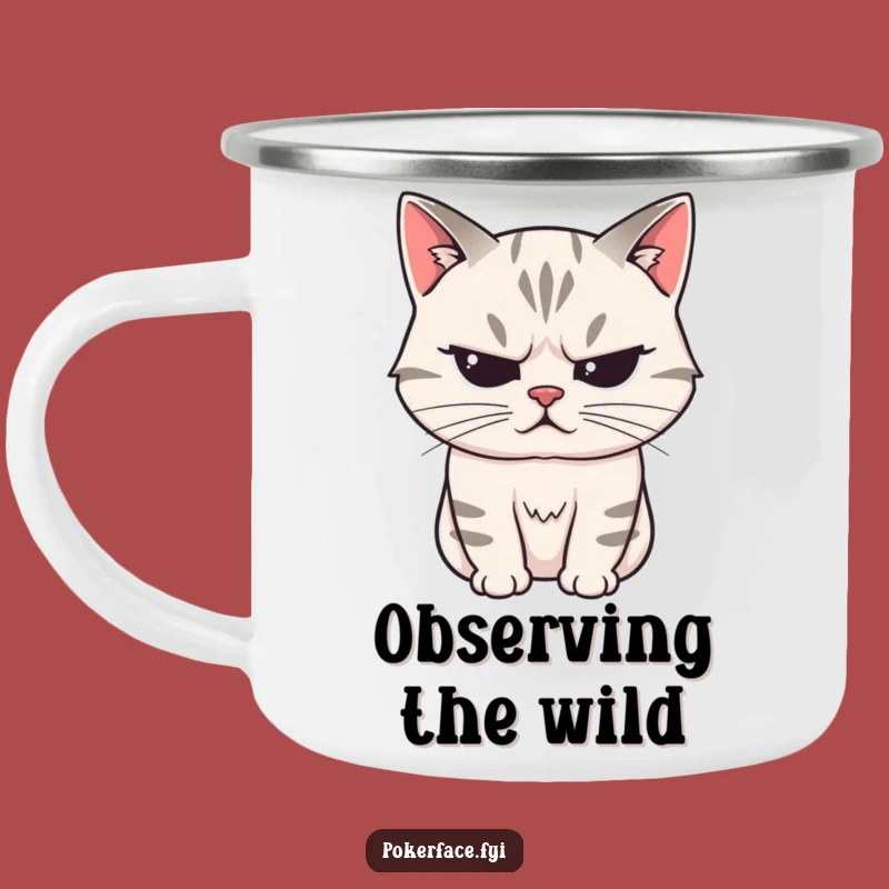 Funny Stoic Cat Camping Mug: Mysterious Sips, Unreadable Feline, Outdoor Calm