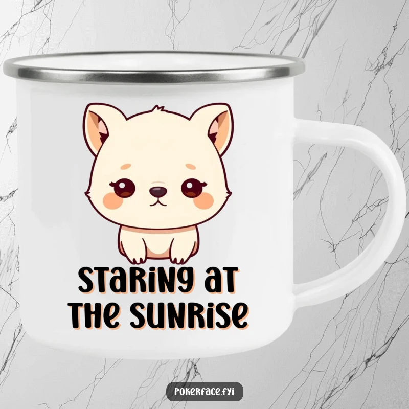 Funny camping mug featuring a small animal character with an unblinking, blank stare, perfect for a humorous, relaxed outdoor experience.