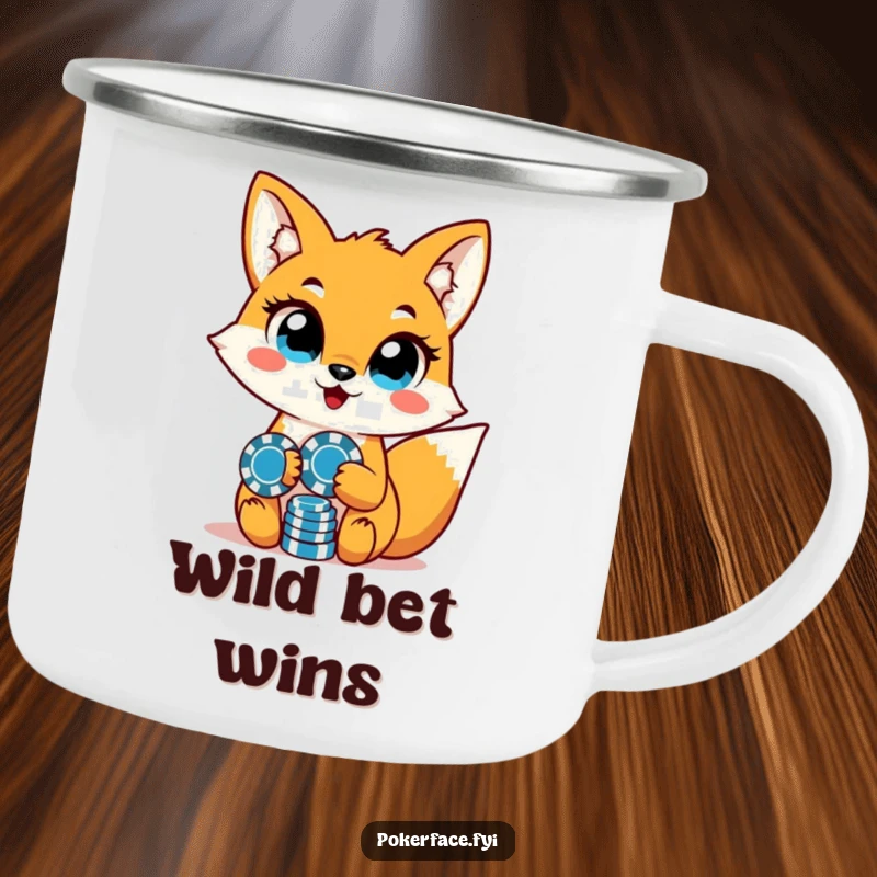 Funny fox character with unwavering eyes holding poker chips on an enamel camping mug, perfect for outdoor use.