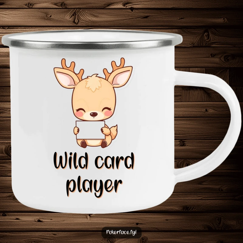 Funny Deer Camping Mug: Placid deer holding a card with a neutral gaze, sturdy for outdoor use.