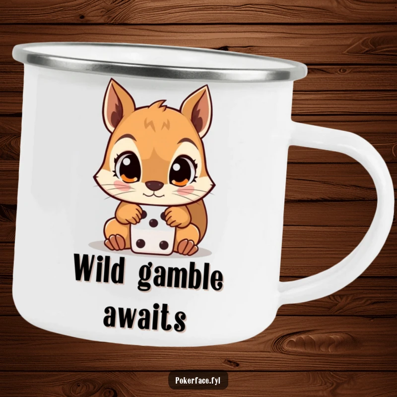 Funny Squirrel Camping Mug showing a wide-eyed squirrel staring at a dice, perfect for humorous outdoor enjoyment.