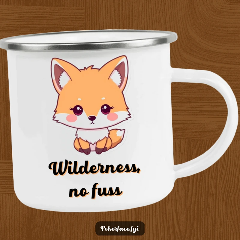 Funny impassive fox camping mug with a stoic fox and a neutral gaze, built for outdoor adventures.