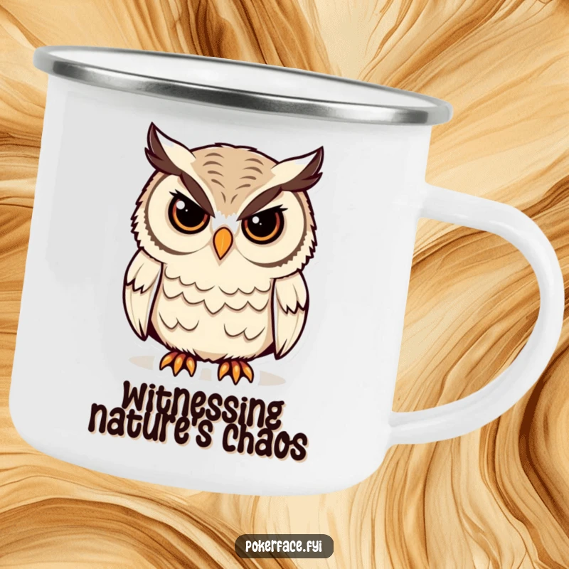 Funny Owl Camping Mug featuring a stoic owl with unblinking eyes, bringing humorous wisdom to outdoor adventures, a perfect funny gift.