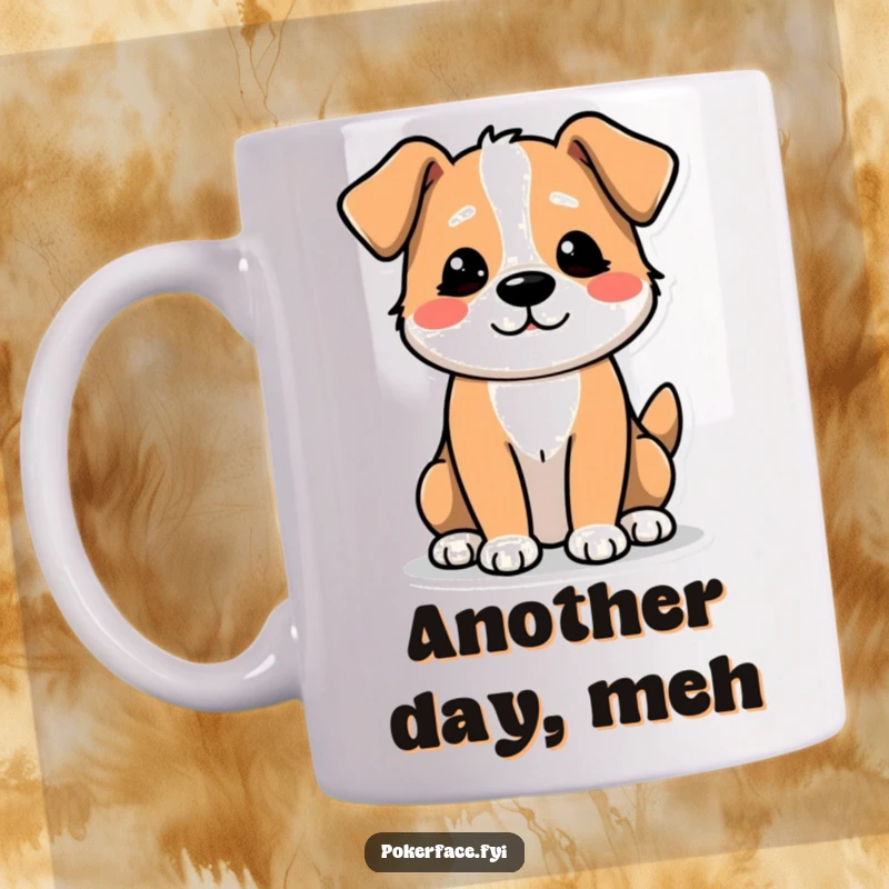 Funny Mug: A Dog Character with an Unexcited, Slow Tail Wag, Showing Mild Indifference.