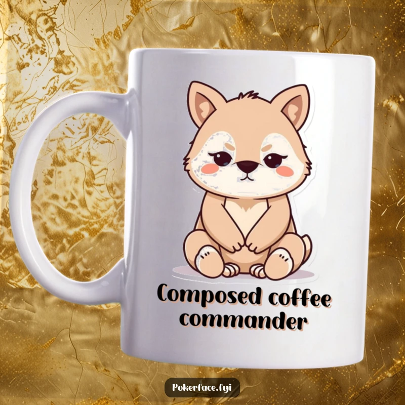 Funny Mug featuring a stoic animal sitting with folded paws, exuding perfect composure, a peaceful gift.