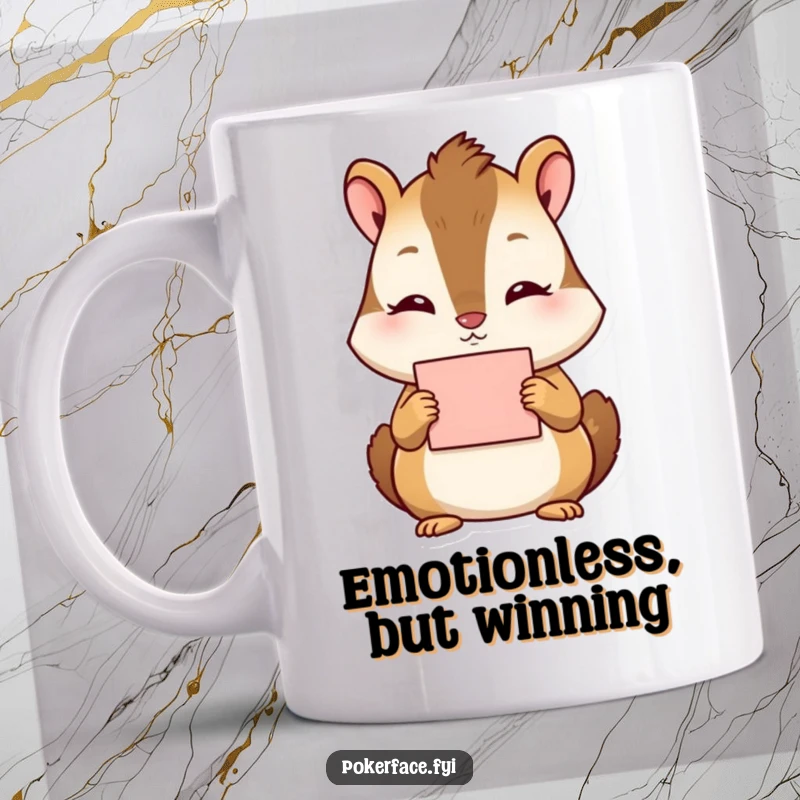Funny Chipmunk Mug: Tranquil chipmunk with no emotion holding a card, perfect for calm coffee breaks.