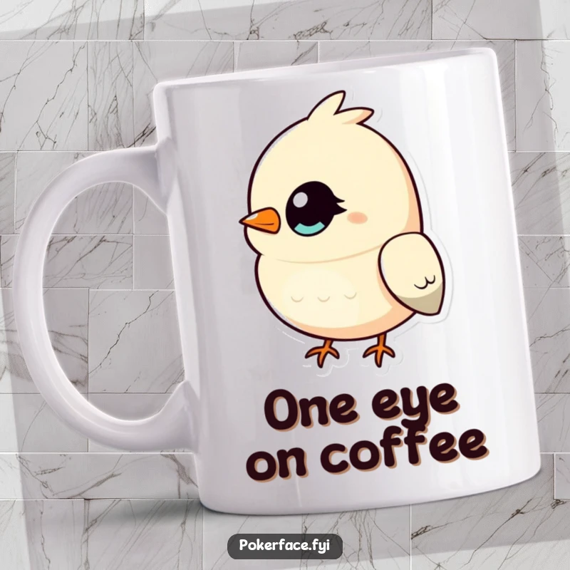 Funny Bird Mug featuring a bird with a single, unblinking eye, intensely watching, radiating humorous focus and an observant personality, excellent gift.