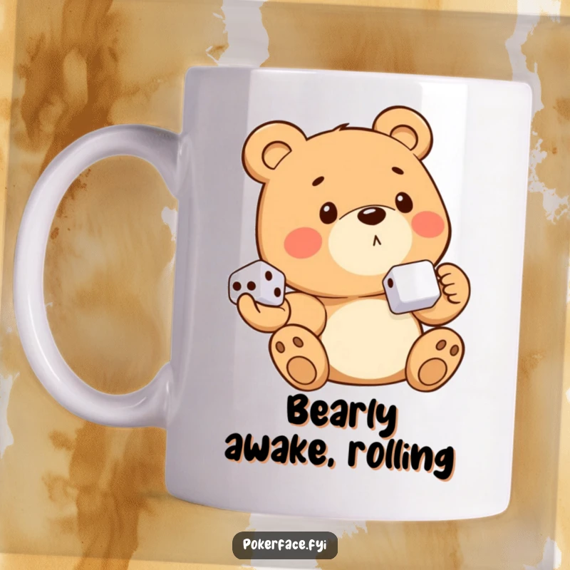 Funny bear character showing no discernible emotion, holding dice in its paw, ready for a game on a mug.