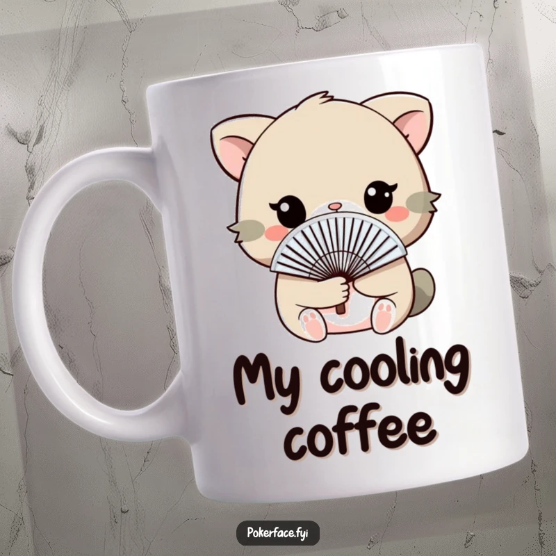 Funny Mug featuring an animal holding a fan discreetly, hiding its expression for humorous effect.