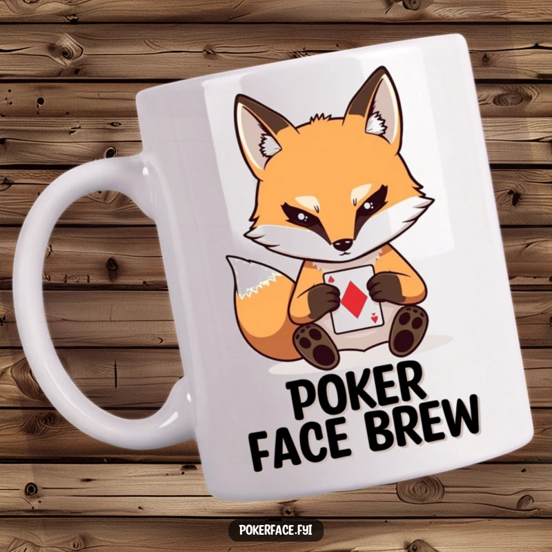 Funny mug showing a stoic fox character with a completely blank stare, focused intently on playing a single card.
