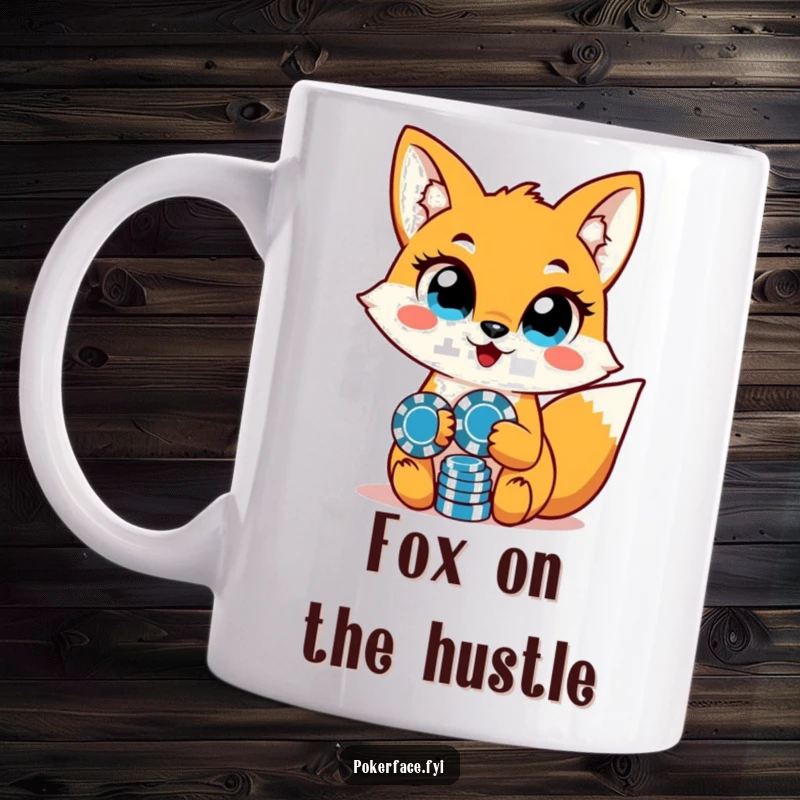 Funny fox character with unwavering eyes and poker chips, ready for a high-stakes poker game on a mug.