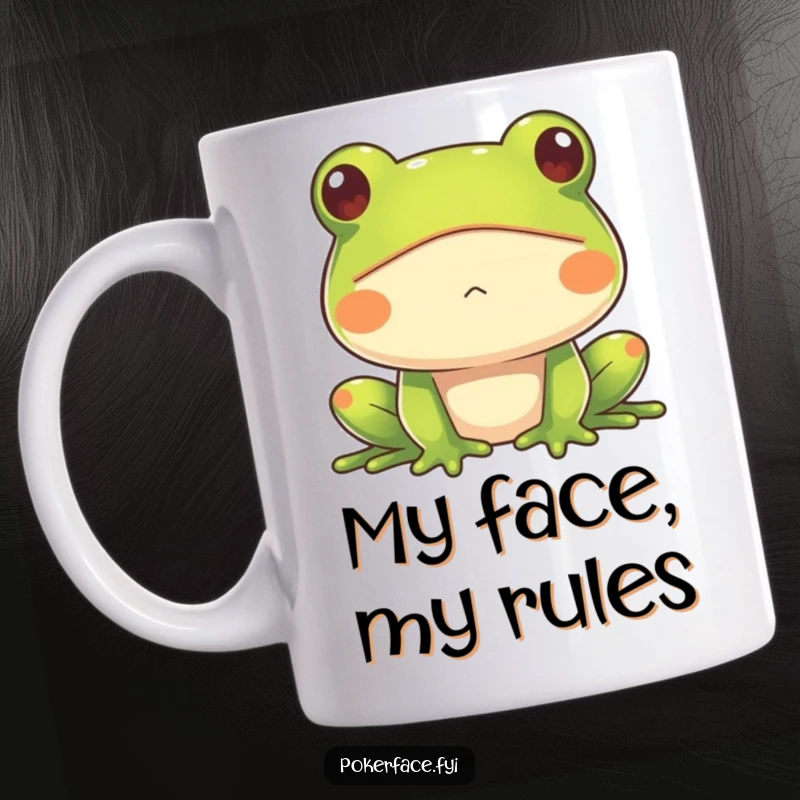 Funny Frog Mug showcasing an impassive frog, with a blank expression, radiating silent humor and a deadpan personality, ideal for gift-givers.