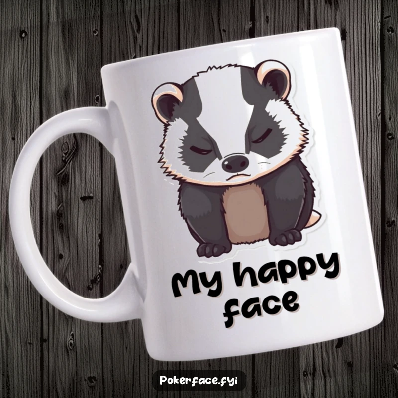 Funny grumpy badger with neutral expression, closed eyes on a mug.