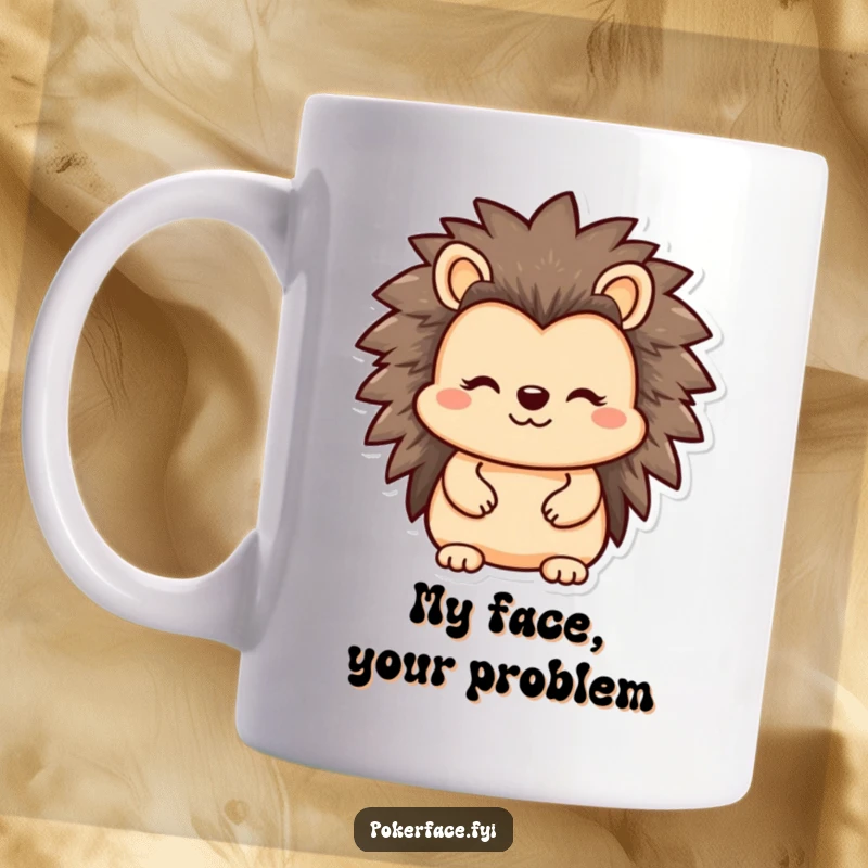 Funny Hedgehog Mug featuring a reserved character with a straight, unrevealing face, perfect for a quiet morning coffee.