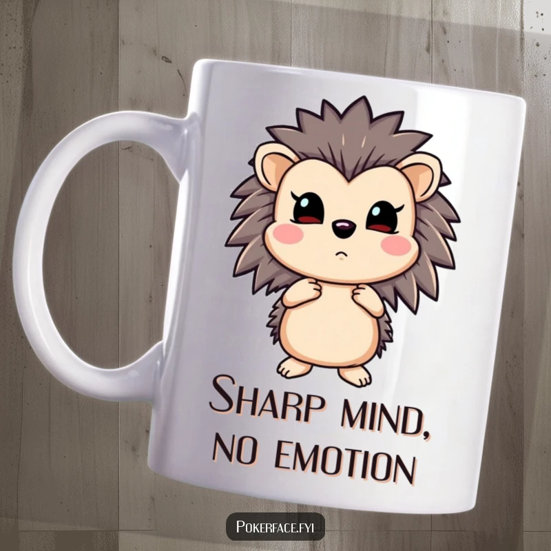 Funny hedgehog mug with a blank expression holding a straight flush, embodying poker mastery and unwavering control.