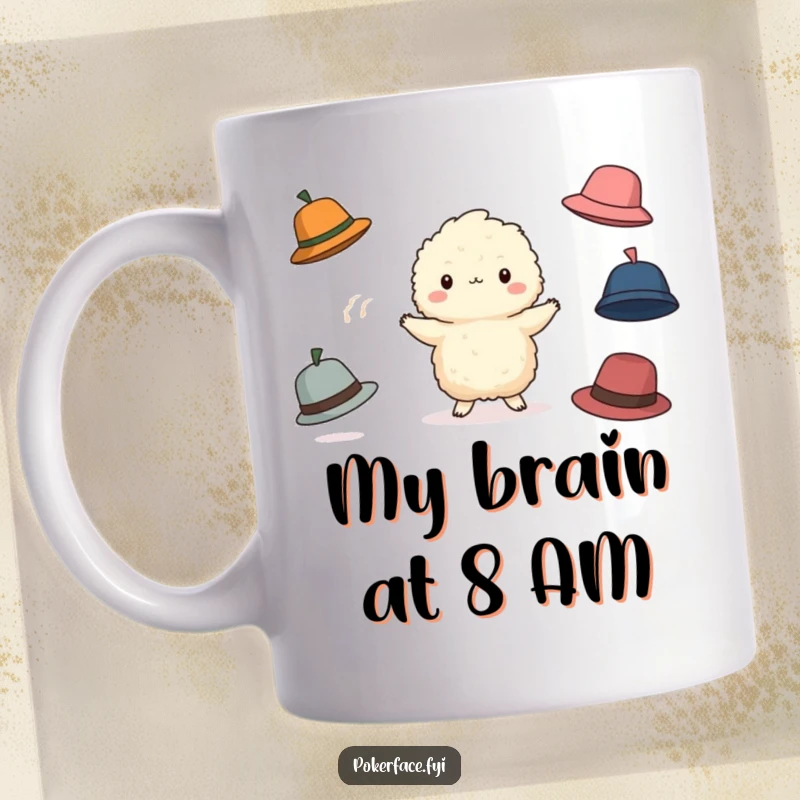 Funny Juggling Creature Mug: Fluffy white creature with blank face, comically failing to juggle hats, bringing funny vibes.