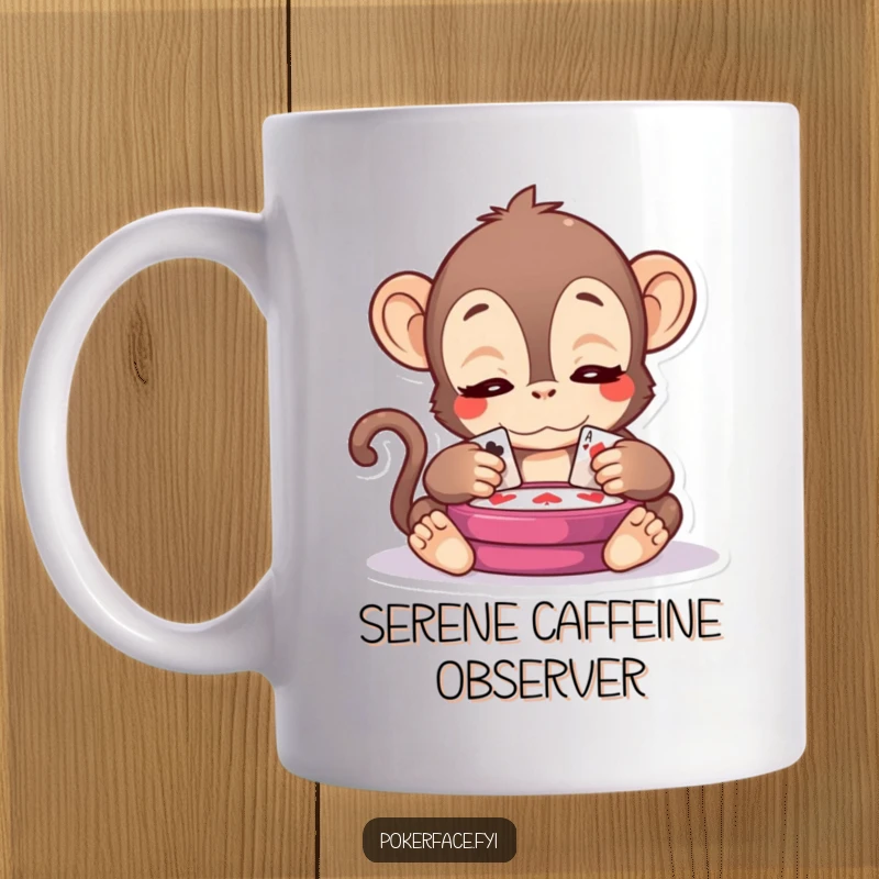 Funny Kawaii Monkey Mug: A cute monkey with serene eyes intently observing a card game, adding a touch of wise humor.