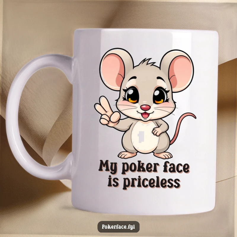 Funny mouse mug with a determined expression holding a winning poker hand, eyes wide and unblinking, a symbol of pure luck and skill.