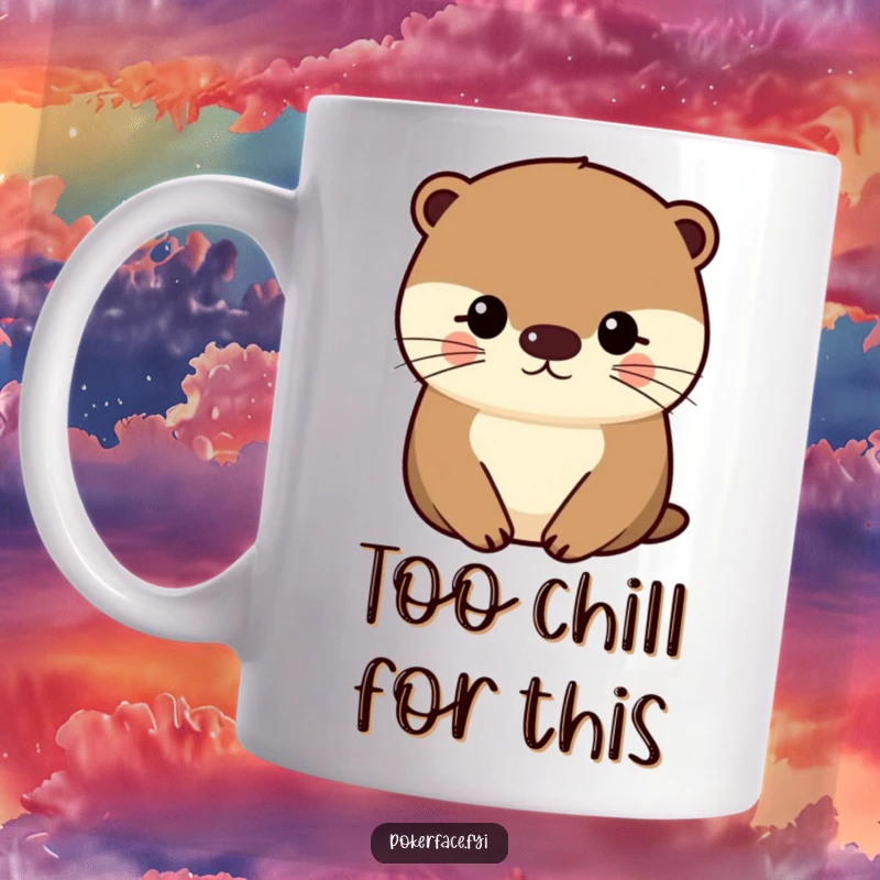 Funny Otter Mug showcasing an impassive character with a uniformly even face, perfect for a tranquil coffee experience.