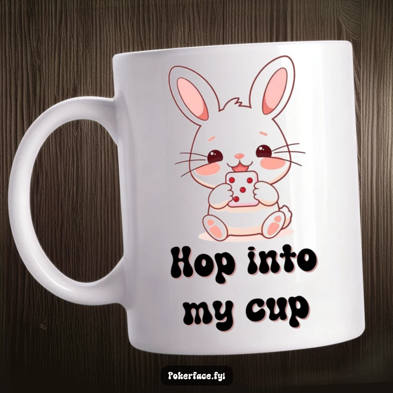 Funny mug featuring a happy rabbit character with straight whiskers, holding a single die, looking eager and lucky.