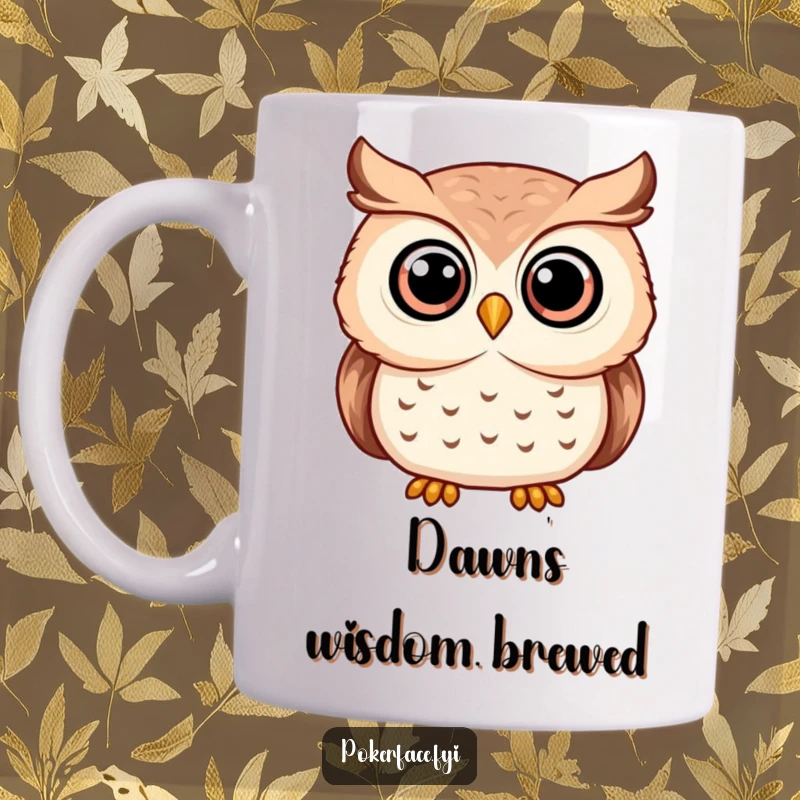Funny serene owl mug featuring an owl with wide, unwavering eyes, symbolizing wisdom and calm observation.