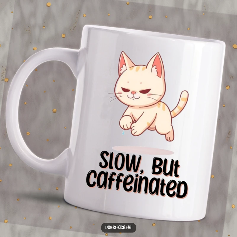 Funny stealthy cat tiptoeing slowly with sweat on brow on a mug.
