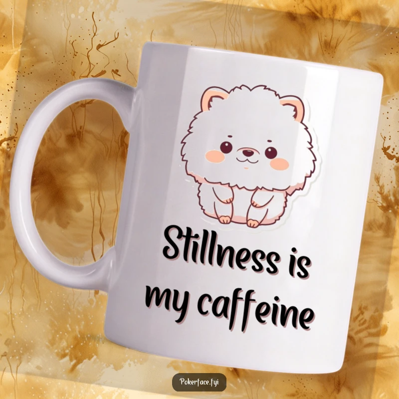 Funny mug with a fluffy animal character remaining completely still and showing no emotion, embodying hilarious tranquility.