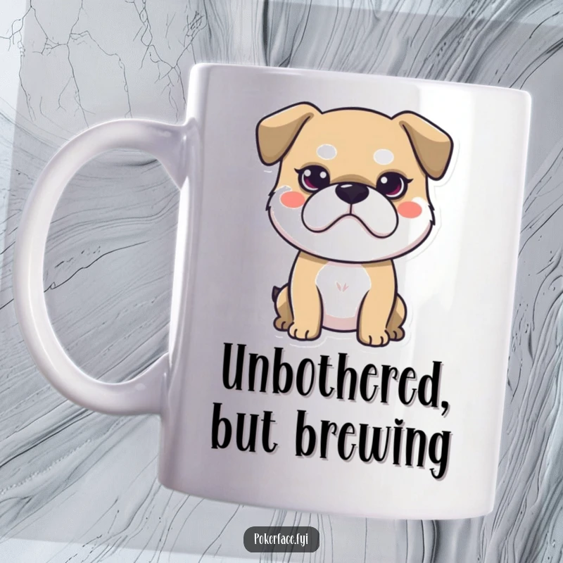 Funny mug featuring a stoic dog character with a perfectly neutral face, exuding quiet strength and humor.