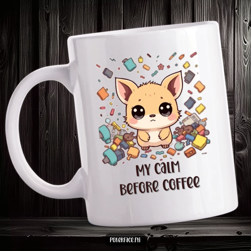 Funny Zen Creature Mug: Tiny wide-eyed creature with neutral face, unfazed by surrounding chaos, offering peaceful humor.