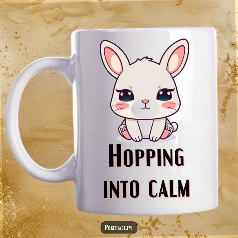 Funny mug featuring a calm rabbit with unblinking eyes, exuding a humorously intense and peaceful aura.