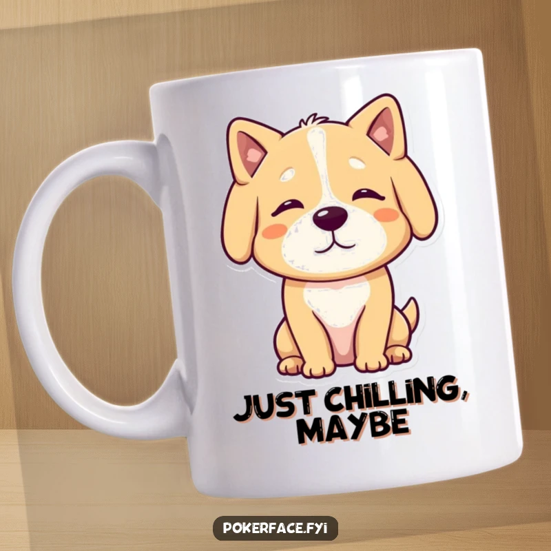 Funny Mug featuring a calm dog character with a neutral, unmoving posture, exuding serene and humorous tranquility.