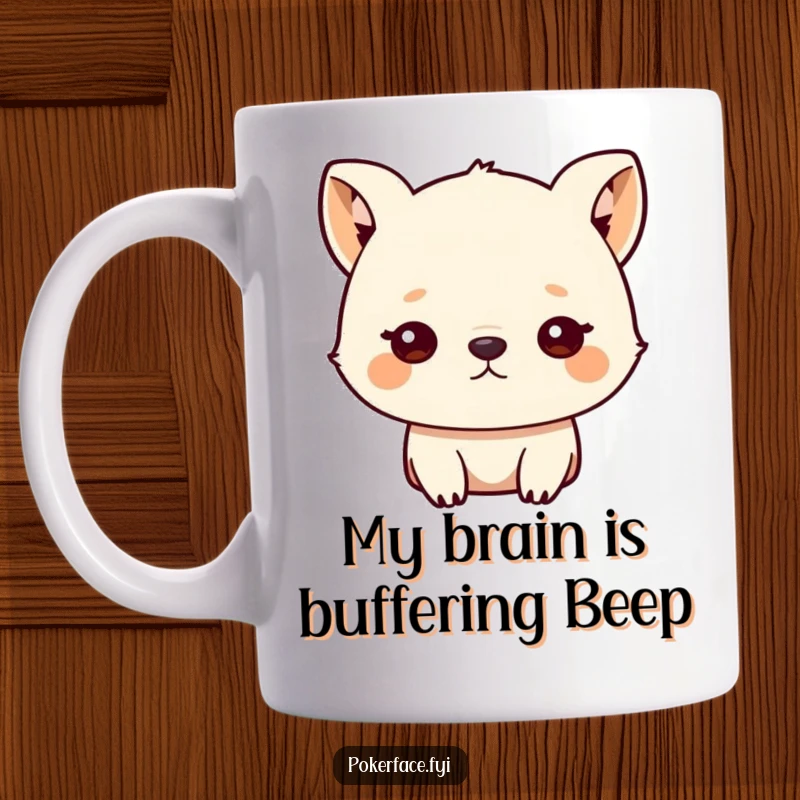 Funny mug with a small animal character staring blankly ahead with unblinking eyes, conveying a sense of hilarious detachment.