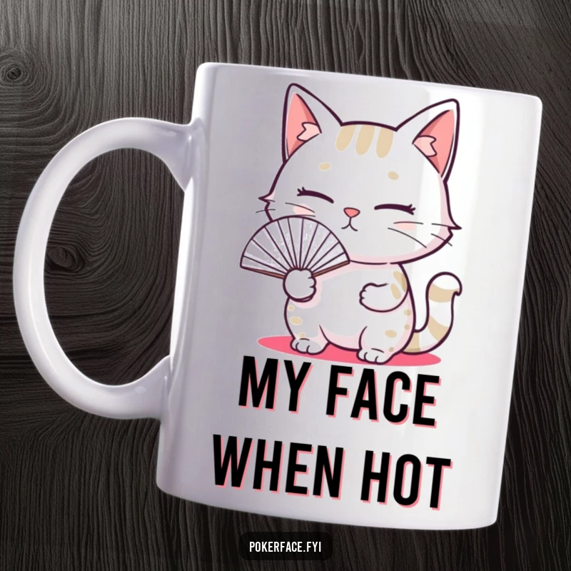 Funny mug featuring a cat with a blank expression holding a fan, embodying hilarious indifference and meme culture.