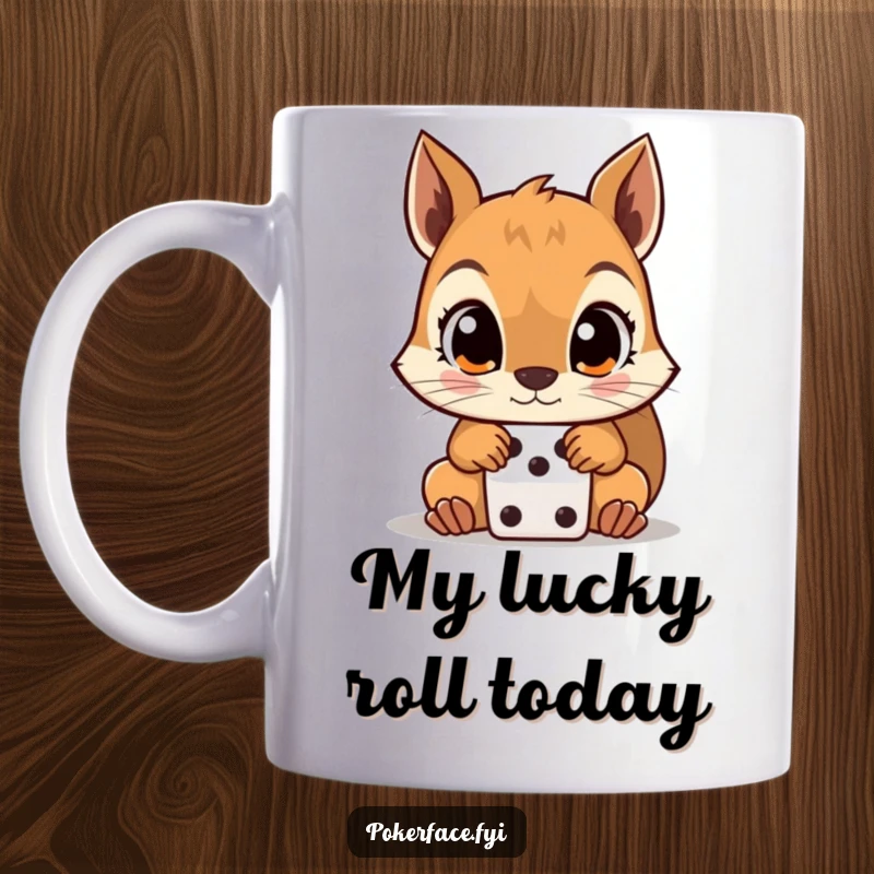 Funny Squirrel Mug with wide, unblinking eyes intensely focused on a dice, embodying anxious anticipation for a humorous gift.