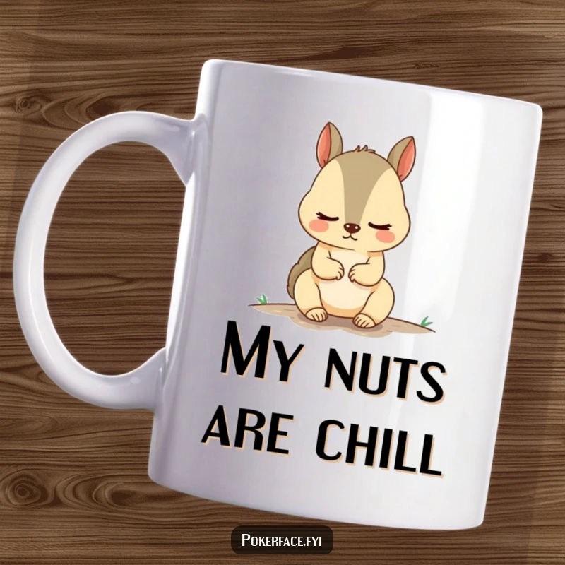 Funny Squirrel Mug featuring a remarkably calm squirrel, sitting peacefully, embodying zen-like humor and a quirky personality for gift seekers.