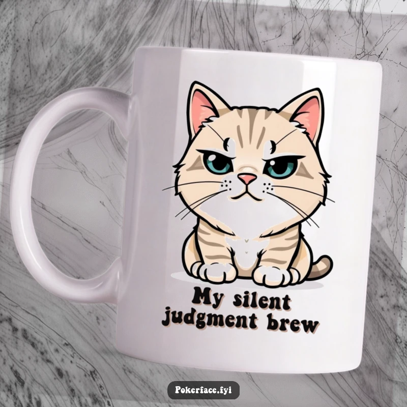 Funny Mug: Stoic cat character with impeccably still whiskers, exuding a humorous sense of calm and dignified feline poise.