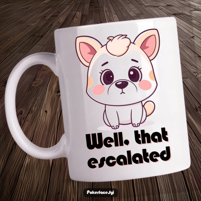 Funny surprised animal mug featuring a pet with wide eyes and a neutral mouth, caught in a moment of mild shock.