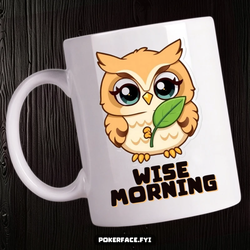 Funny Mug featuring a wide-eyed, unblinking owl intently holding a single leaf, symbolizing quirky focus.
