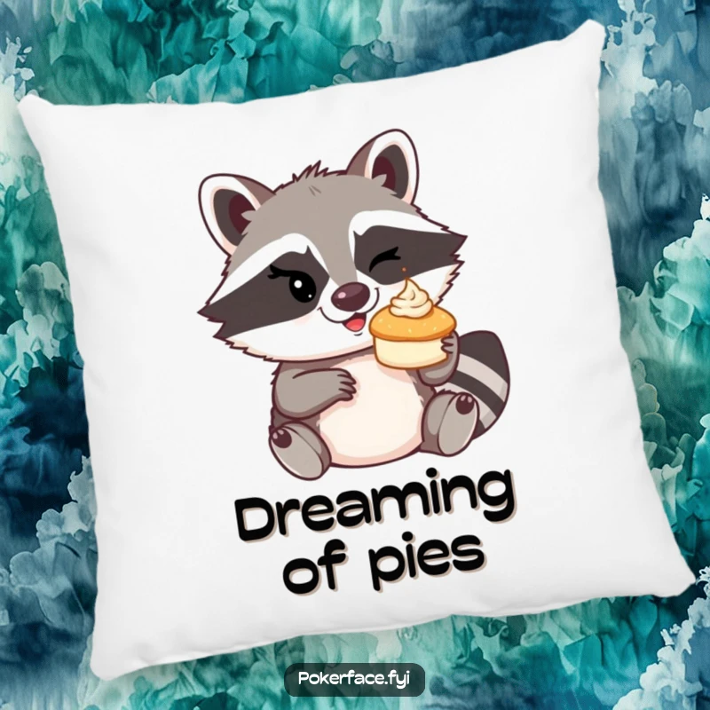 Funny mischievous raccoon winking, about to toss a tiny cream pie on a pillow.