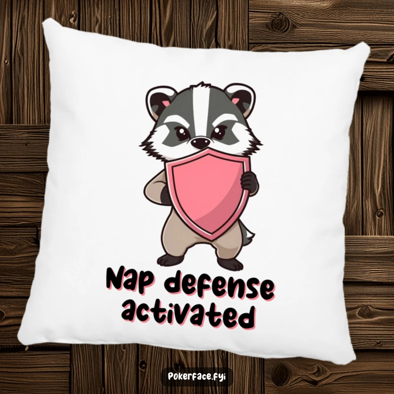 Funny Badger Shield Pillow with a determined badger holding a shield and no expression, providing humorous comfort.