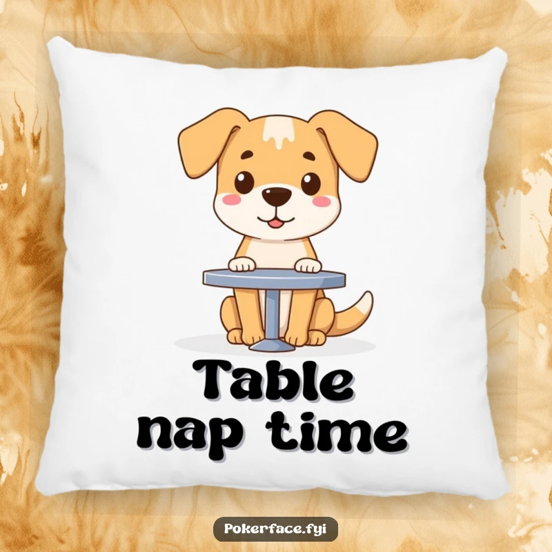 Funny dog character with a blank face sitting at a table, featured on a soft and comfortable throw pillow.