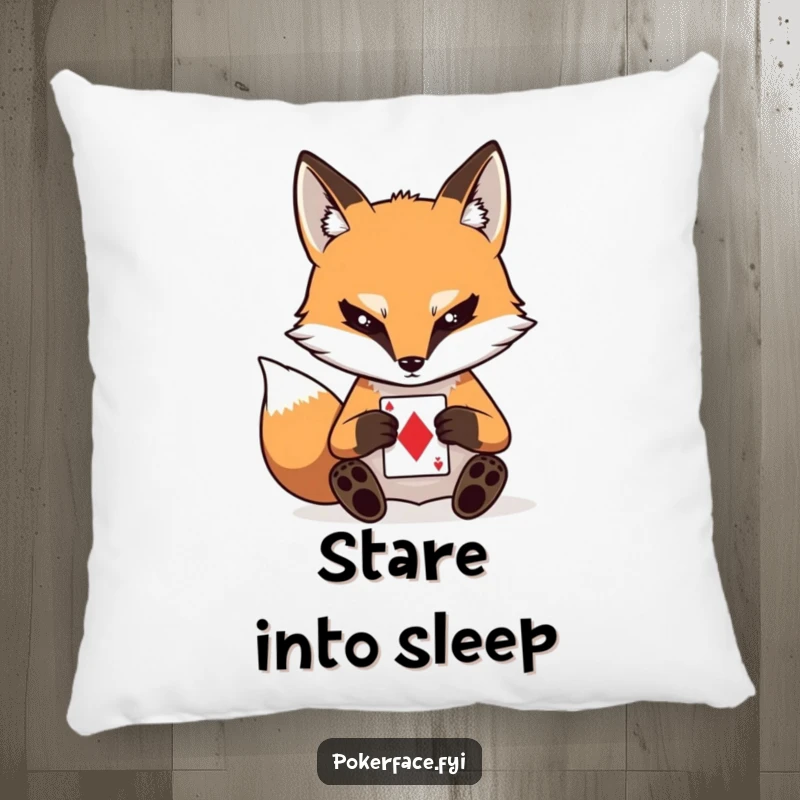 Funny pillow featuring a stoic fox character with a blank expression, playing a card, adding nutty humor and comfort to relaxation.