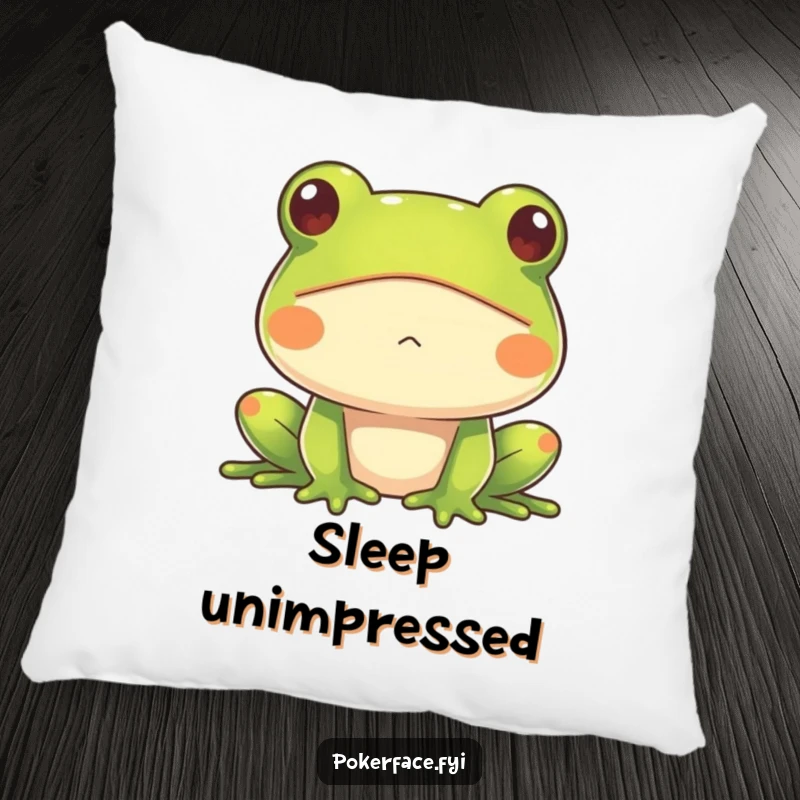 Funny Frog Pillow with an impassive frog face, offering hilarious deadpan comfort and a stoic aesthetic, perfect for lounging and as a gift.