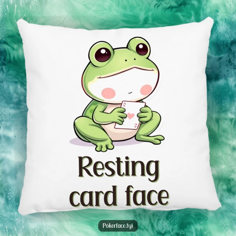 Funny Frog Pillow: Still, calm frog character playing a card game, offering plush comfort and humor.