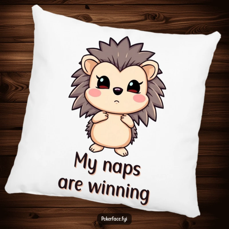 Funny hedgehog pillow illustrating an emotionless poker master with a straight flush, perfect for a calm gaming den.