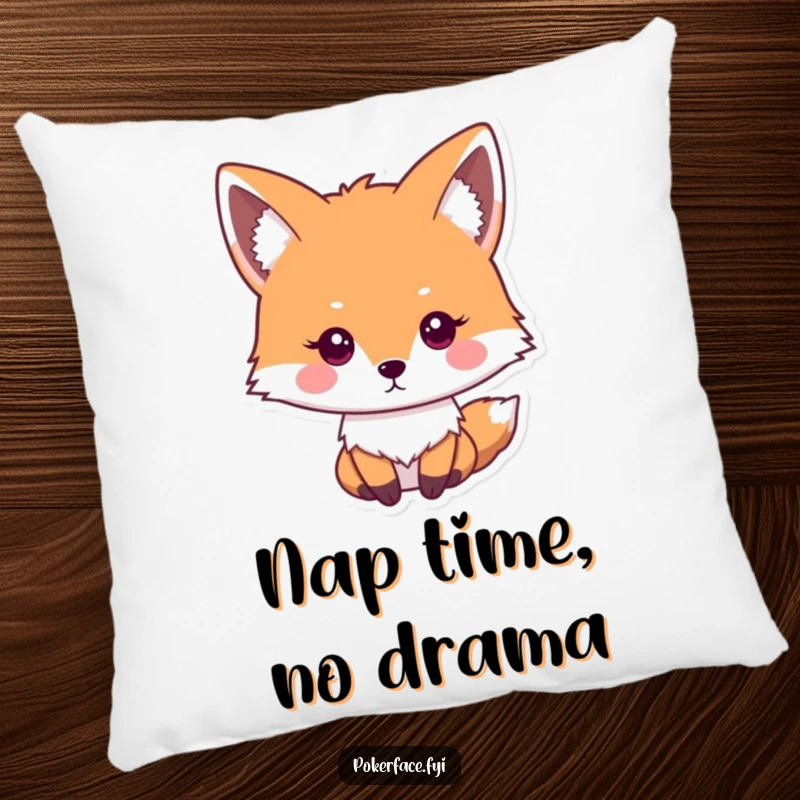 Funny impassive fox pillow with a fox character exhibiting a neutral, unreadable expression, perfect for cozy comfort.