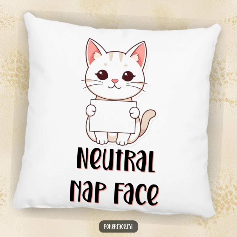 Funny Kawaii Cat Pillow: A soft pillow featuring a kawaii cat with a neutral face presenting a card, offering comfort and quiet humor.