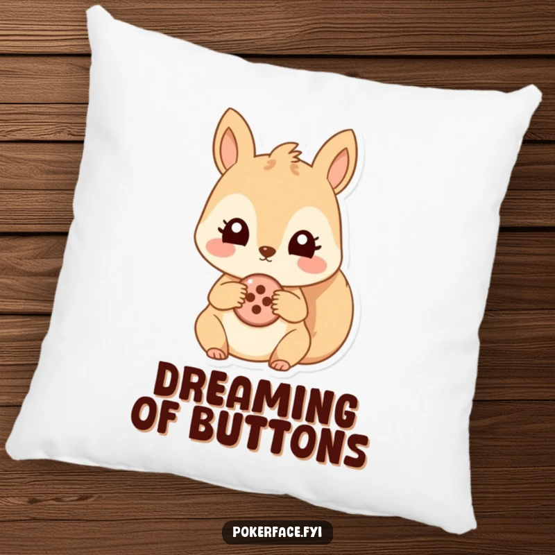 Funny decorative pillow featuring a squirrel with a fixed stare, clutching a single button. Soft, plush, and humorous home decor.